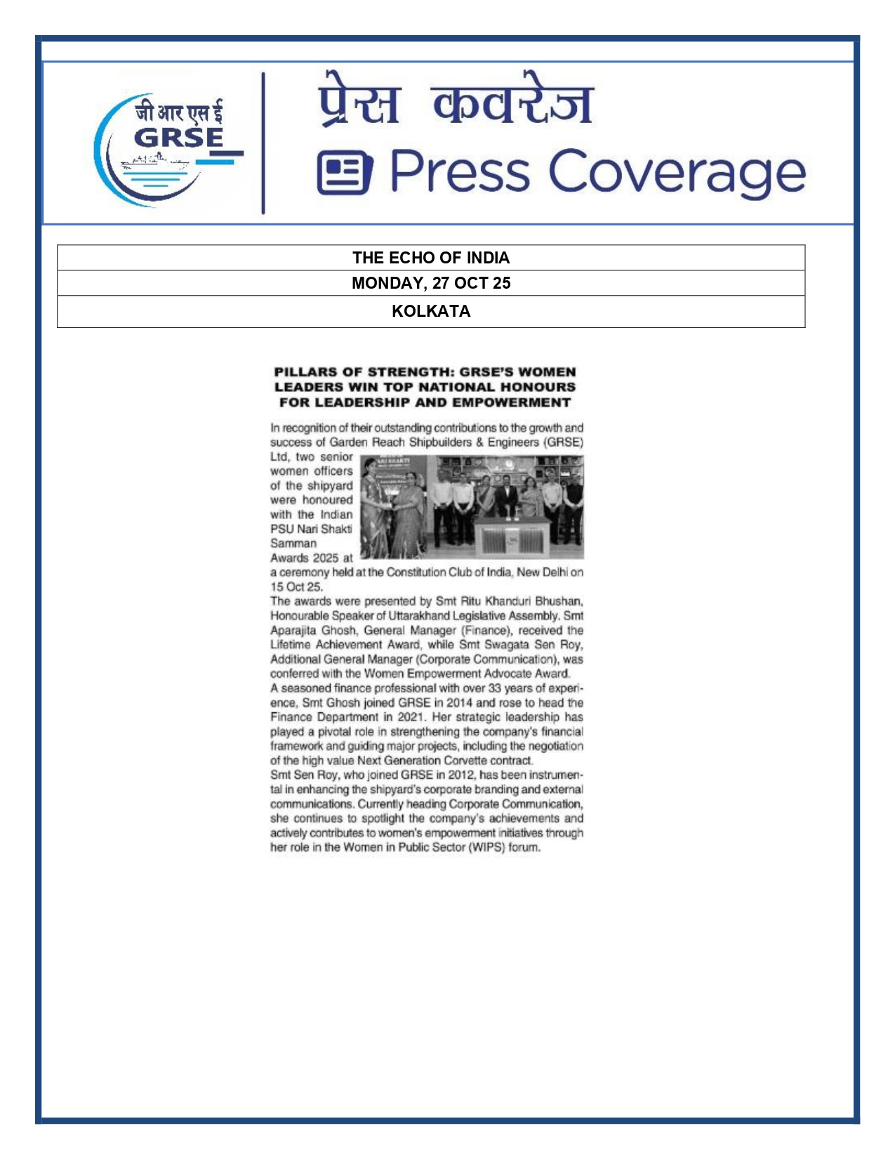  Press Coverage: 22 Oct 25:THE ECHO OF INDIA 